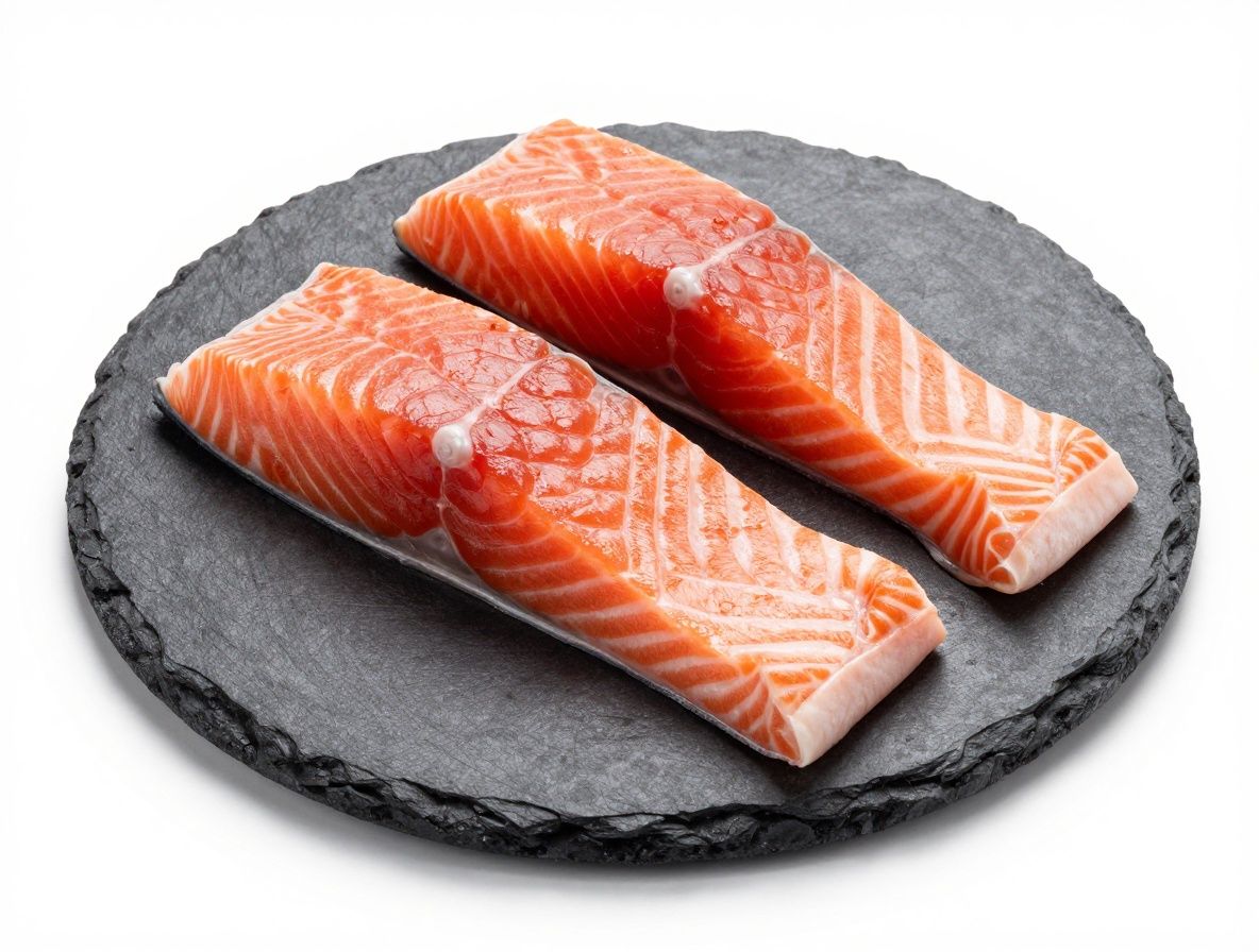 Filetes de salmón fresco sobre plato de piedra negra con luz lateral de estudio que resalta la textura rosada y grasa visible de la carne