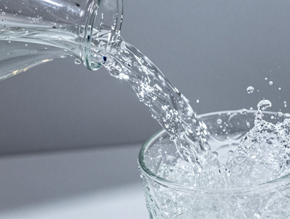 Vaso de agua cristalina con burbujas finas en movimiento, sobre fondo blanco brillante, capturado con fotografía de alta velocidad que congela el movimiento del líquido